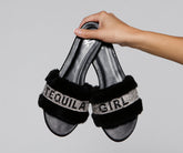 Tequila Girl Flauschige Slide-Sandalen mit Strass